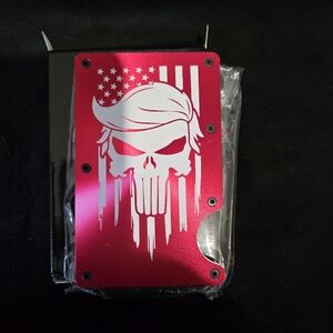 Metal minimalist RFID blocking wallet laser engraved Trump punisher on flag.